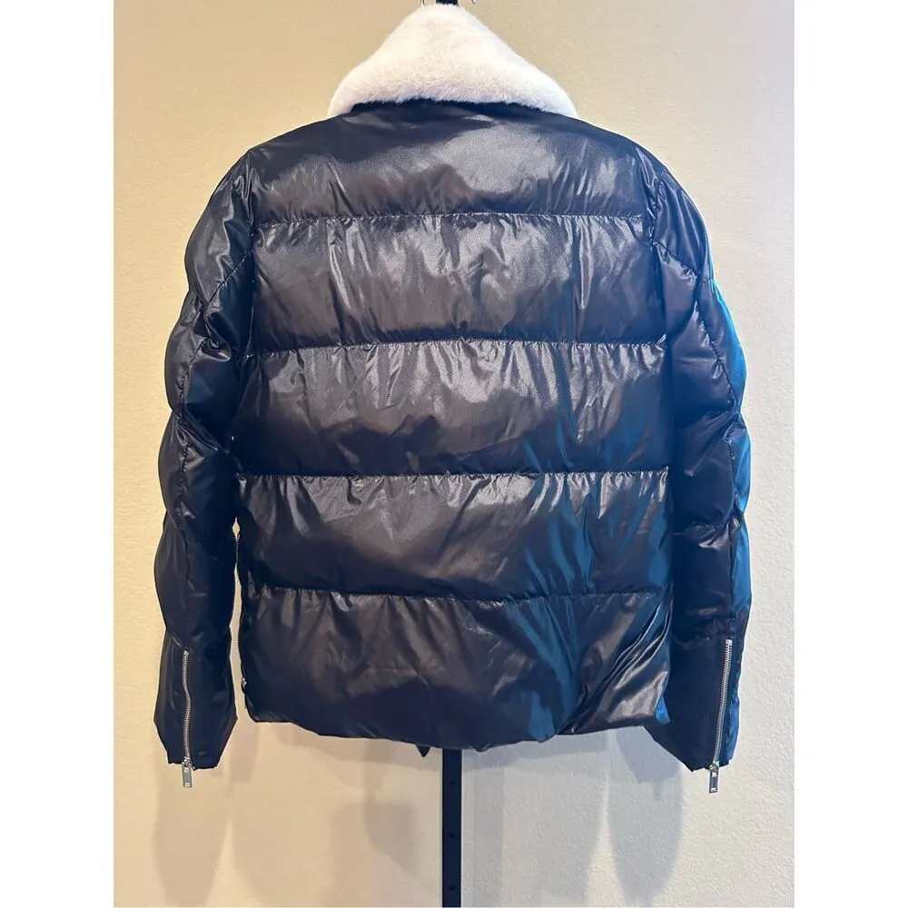 Generation Love Avila Faux Fur Puffer Jacket in Black/White Size M - Image 5