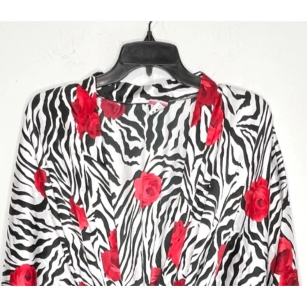 Shirley of Hollywood Satin Robe Belted Zebra Floral Women Size M Black Size M - Image 3