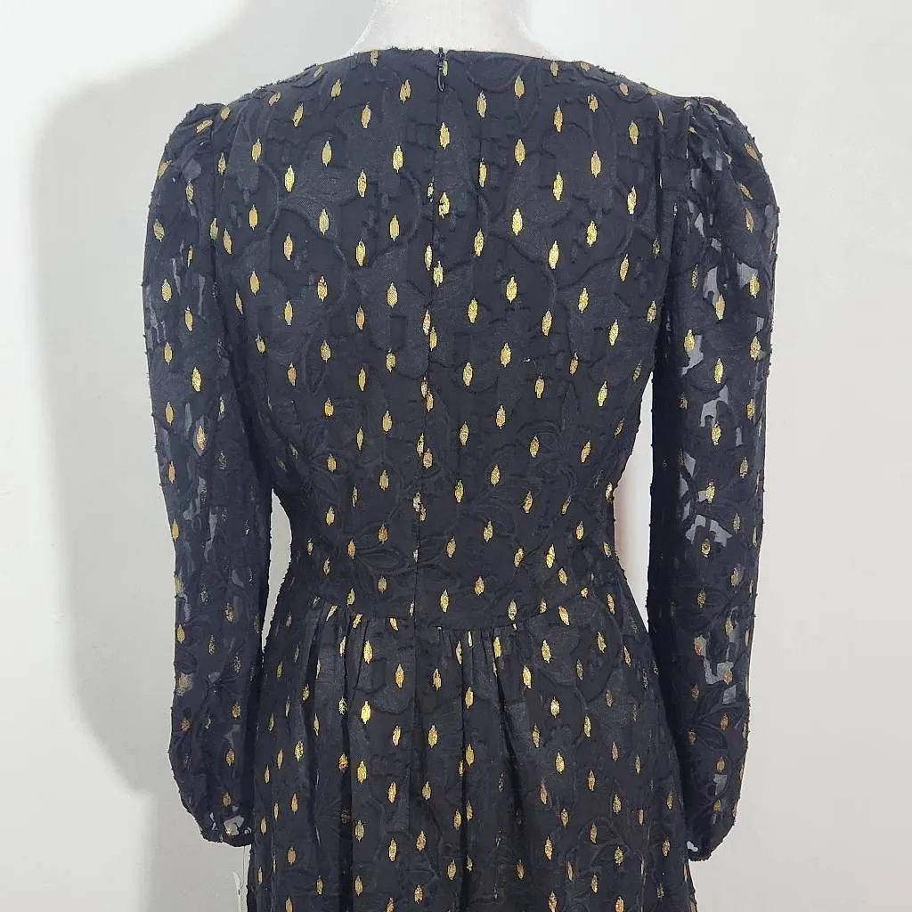Maggy London Black and Gold Chiffon Dress NWT Size 0 Long Sleeve Metallic Gold - Image 5