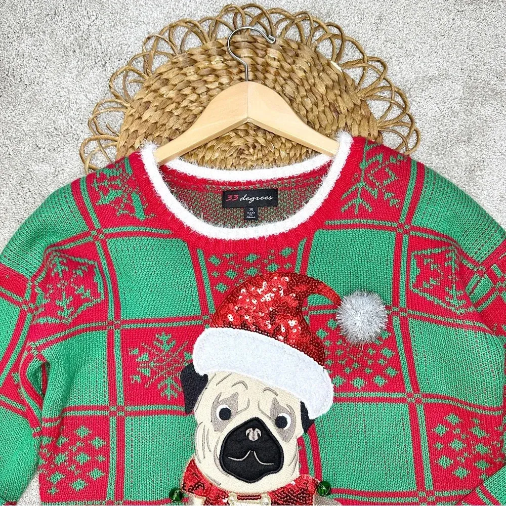 33 Degrees Plaid Pug Dog Puppy Bells Ugly Christmas Knit Sweater Red Green Size M - Image 3