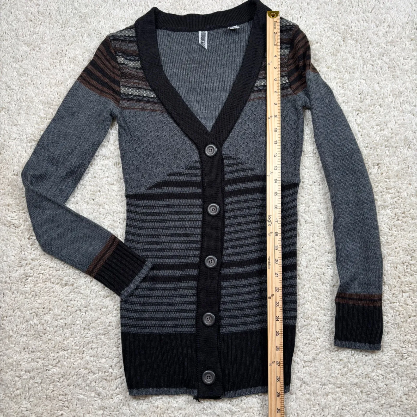 BKE by Buckle Women Gray Black Stripe V Neck Button Cardigan Sweater Size S - Image 7