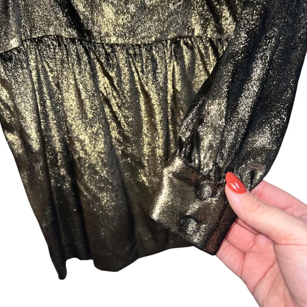 FRAME Long Sleeve Metallic Velvet Lame Mini Dress In Gold - Image 6