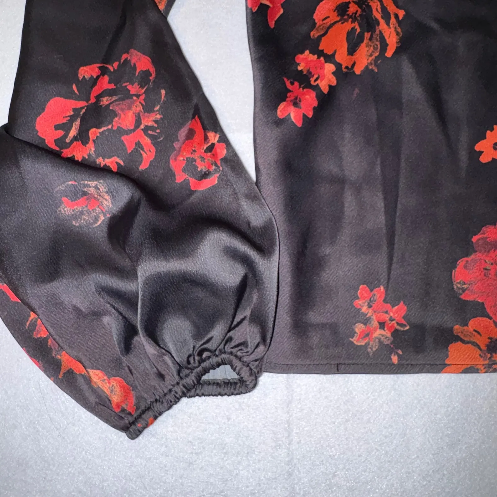 WAYF Black Red Roses Off Shoulder Long Sleeve Satin Blouse Holiday party blouse - Image 3