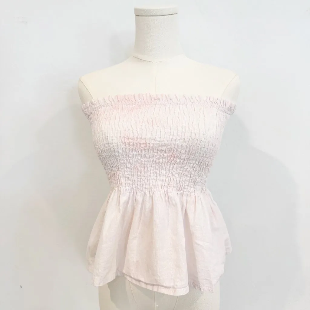 La Comet Cotton Linen Smocked Peplum Tube Top Pink White Girly Cottage Large - Image 2