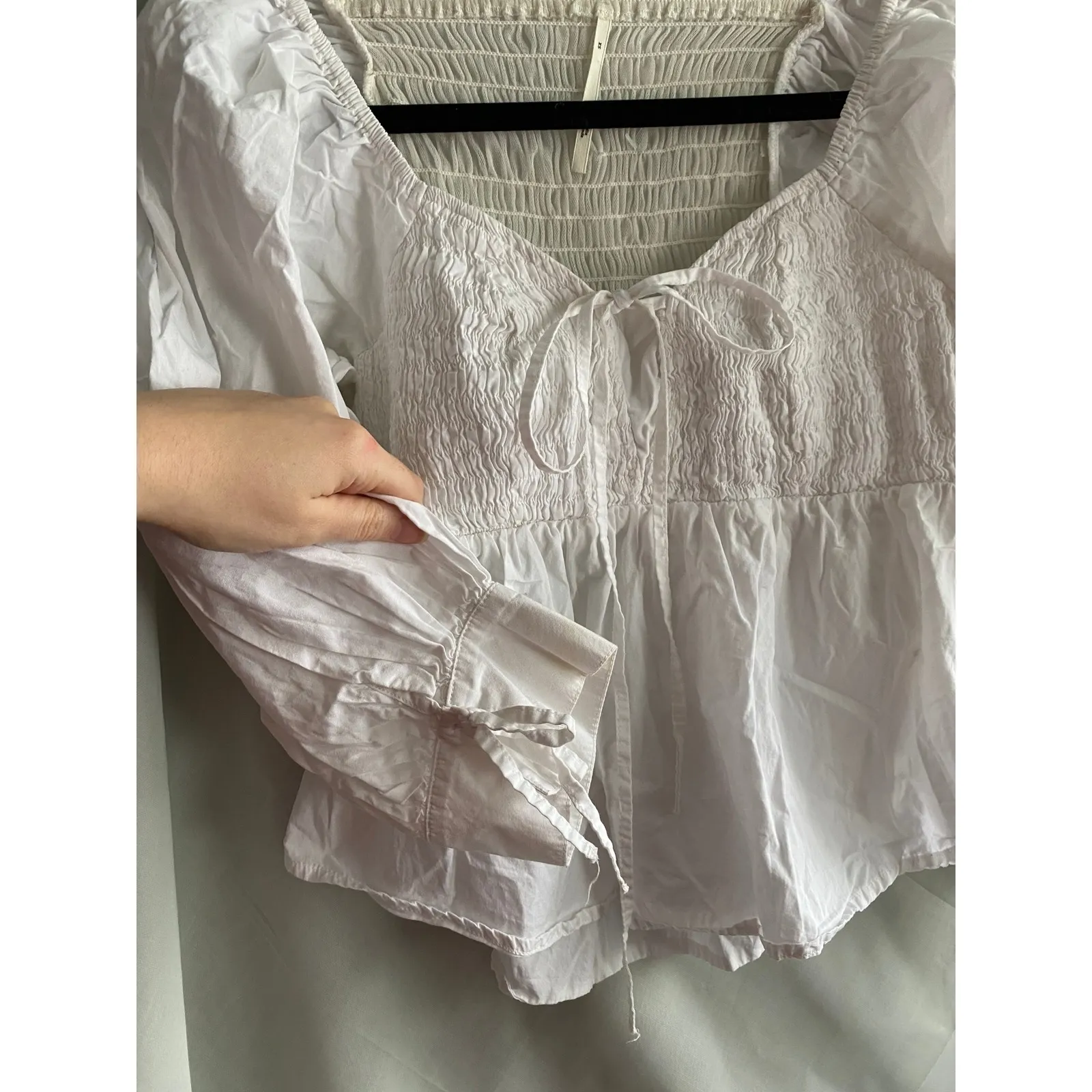 FREE PEOPLE Smocked Babydoll White Peasant Blouse XS Fairy Corset Boho Feminine - Image 2