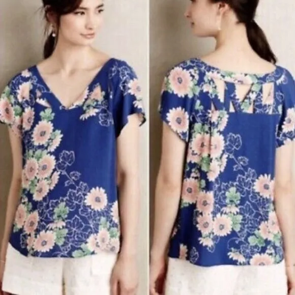 MAEVE By Anthropologie Floral Cutout Blouse Top Womens‎ Sz 4 V Neck Short Sleeve - Image 2