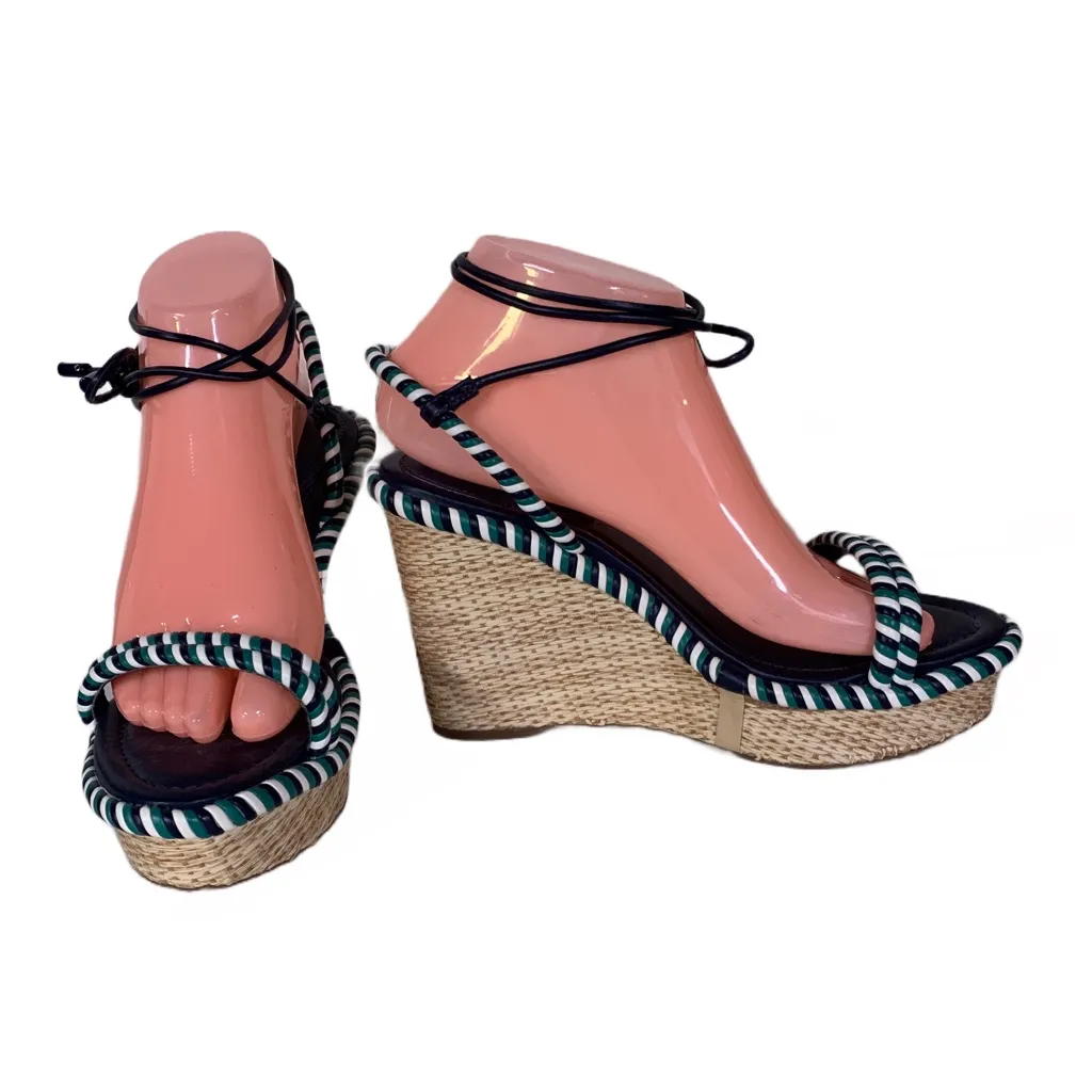 AREZZO BLUE, GREEN & WHITE TWISTED ROPE FAUX LEATHER WEDGE HEEL SANDALS (39) Blue Size 9 - Image 3