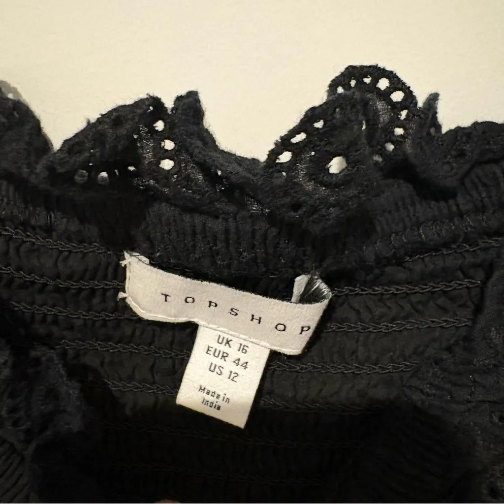 Topshop shirring eyelet broderie trim mini dress black‎ size 12 - Image 4