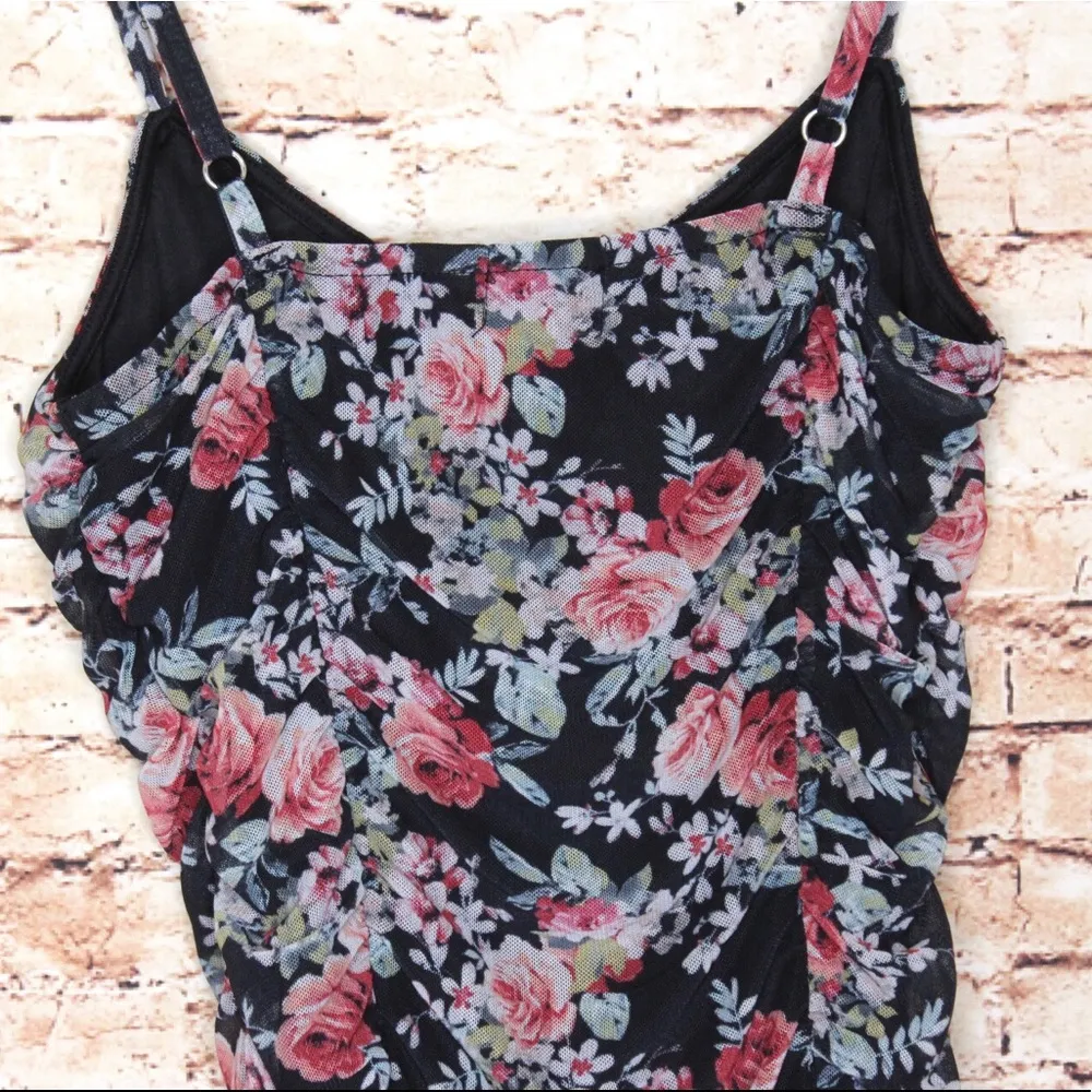 Free Press Ruched Mesh Bodysuit Black Ruby Floral - Image 7