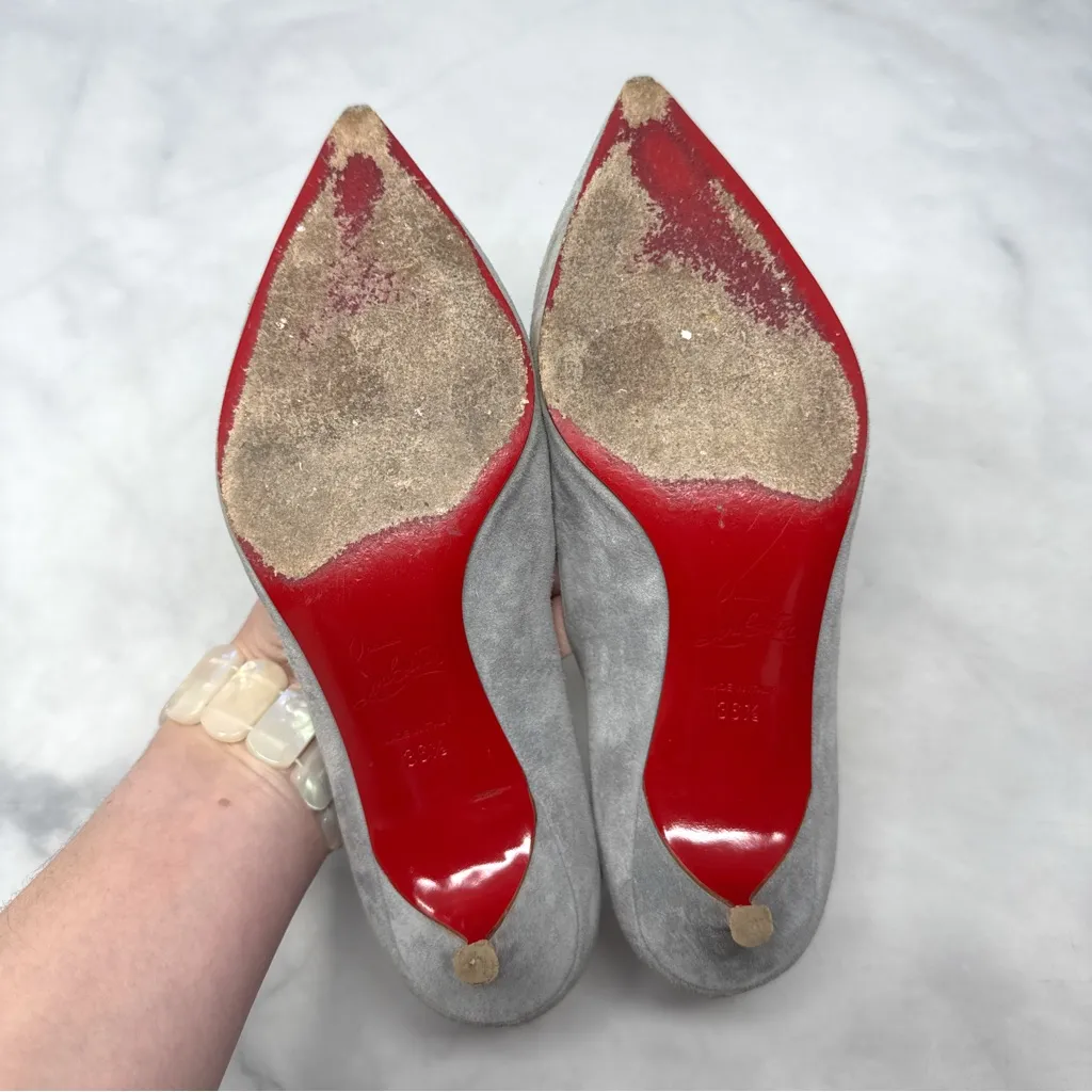 Christian Louboutin Kate 55 Suede Pointed Toe Kitten Heel Pump Classic Gray 36.5 - Image 11