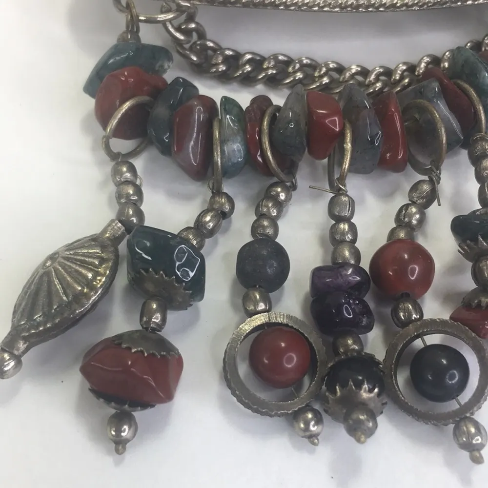 Vintage Artisanal Handcrafted Natural Stone Brooch Pin Hammered Floral - Image 2