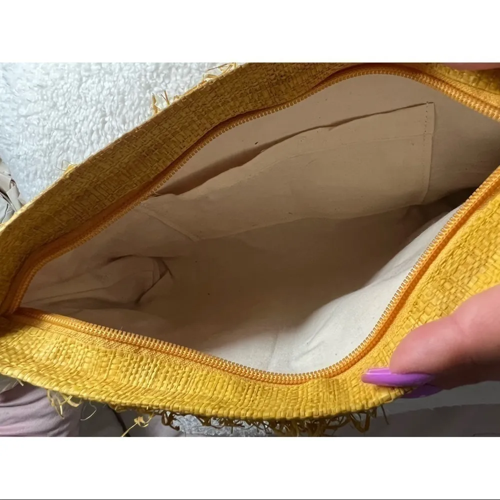 Yellow Fringe Straw Clutch Cherry Pom Pom Zip Small Summer Beach Bag - Image 5