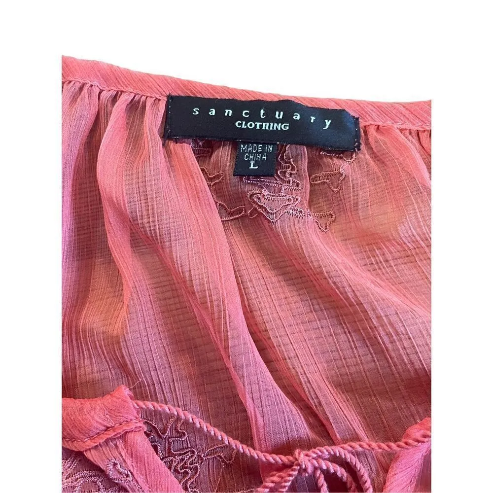 Sanctuary sheer coral orange textured peasant top size large - Image 3