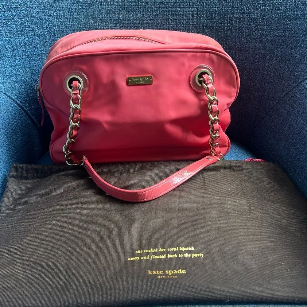 Kate Spade Vintage Jasmine Nylon Satchel Bag Orange Double Gold Chain Purse - Image 2