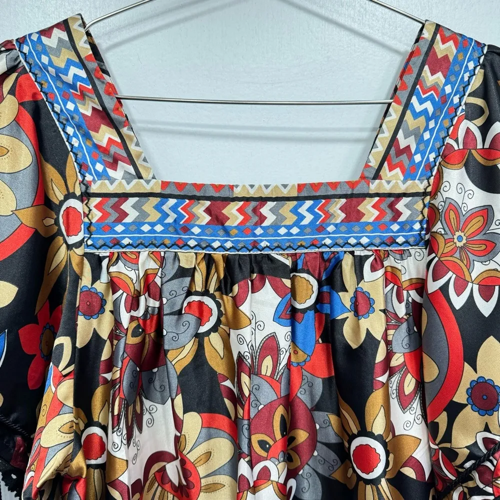 Funky People Satin Boho Jewel Tone Floral Print Tunic Dress with Tassels S - Image 3