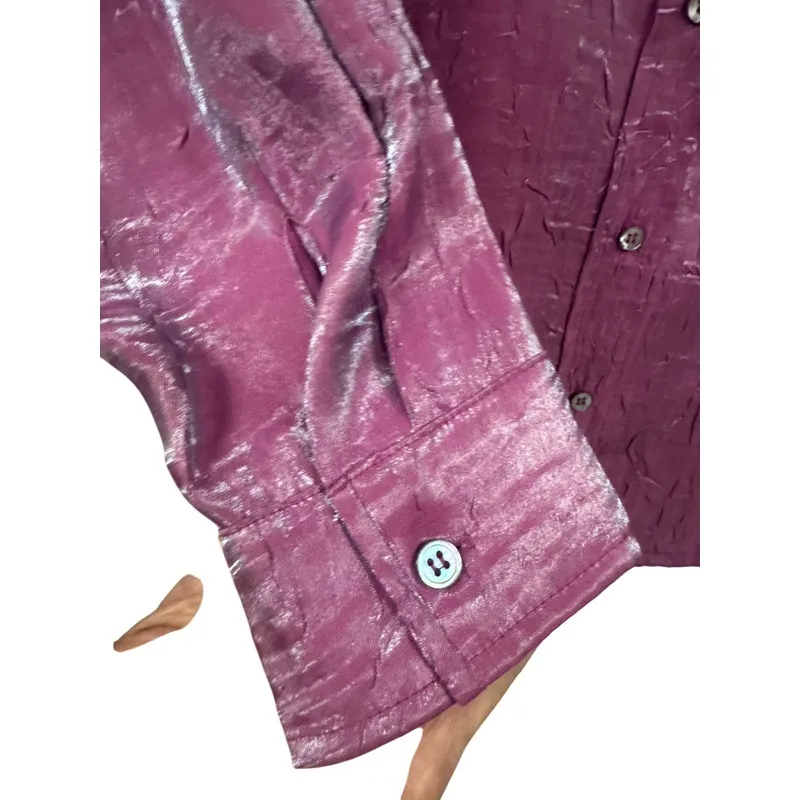 Karen Kane Women's Fuchsia Crinkled Button-Up‎ Blouse Long Sleeve Size Medium - Image 3