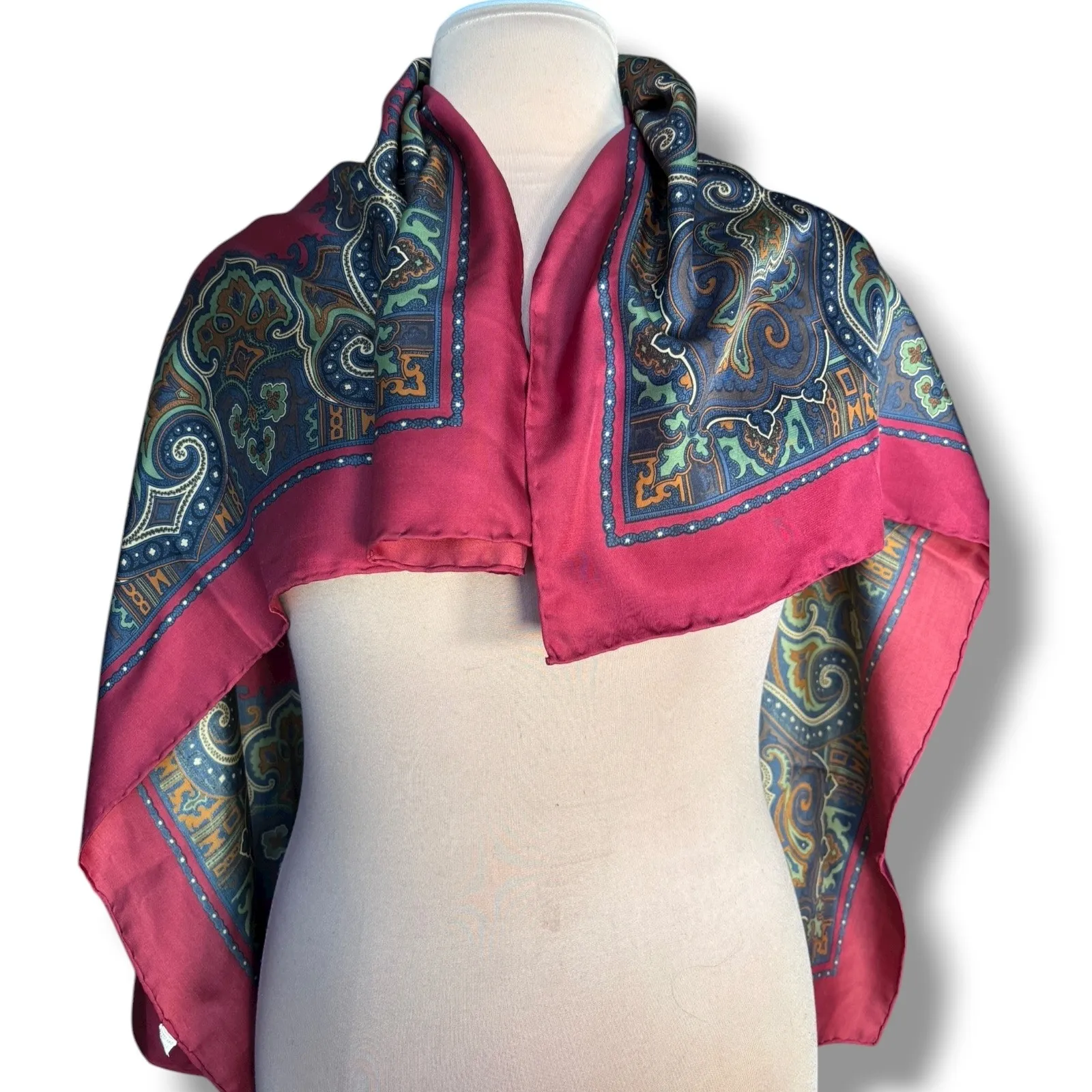 Vintage Made in England Pure Silk Paisley Scarf Burgundy Green Gold Square Wrap Red - Image 2
