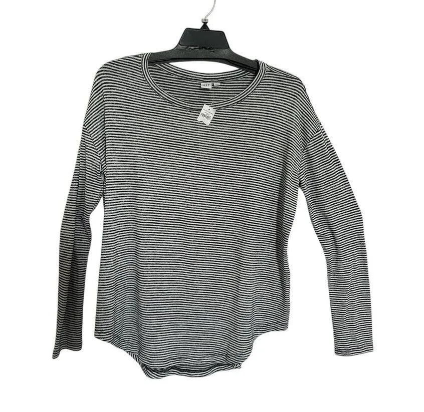 Gap Womens Top Size L Black White Stripe Pullover Stretch Round Neck Long Sleeve - Image 2