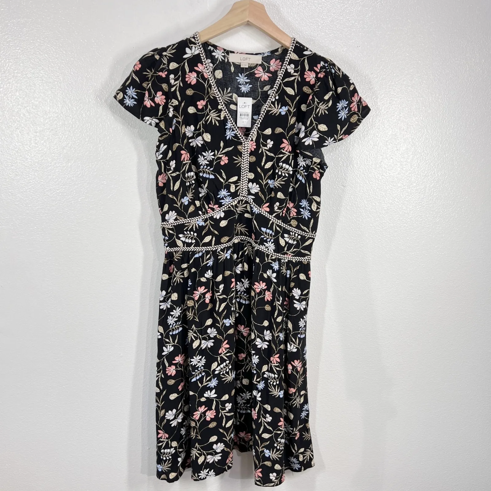LOFT Floral Midi Dress V Neck Short Sleeve Empire Waist Spring Summer Small‎ - Image 2
