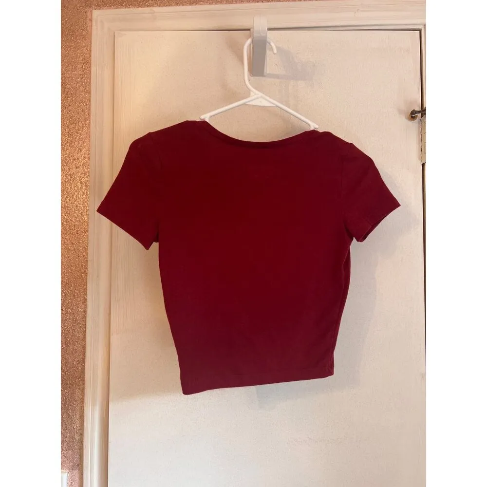 Wild Fable Womens XS Deep Red V-Neck Short Sleeve Cropped Top Cotton Blend - Image 3