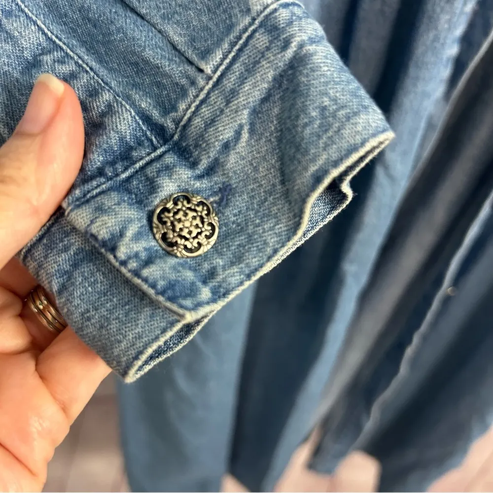 Vintage J. Jill Ltd. denim belted maxi dress, silver tone fancy buttons size MP Blue - Image 9