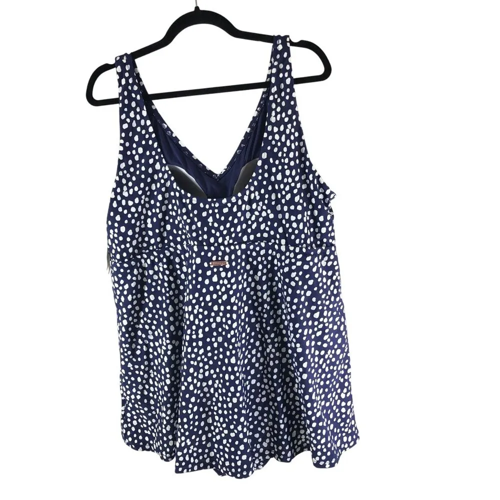 Raisins Lucia Swimdress One Piece Swimsuit Tummy Thinner Polka Dot Navy Blue 24W - Image 4