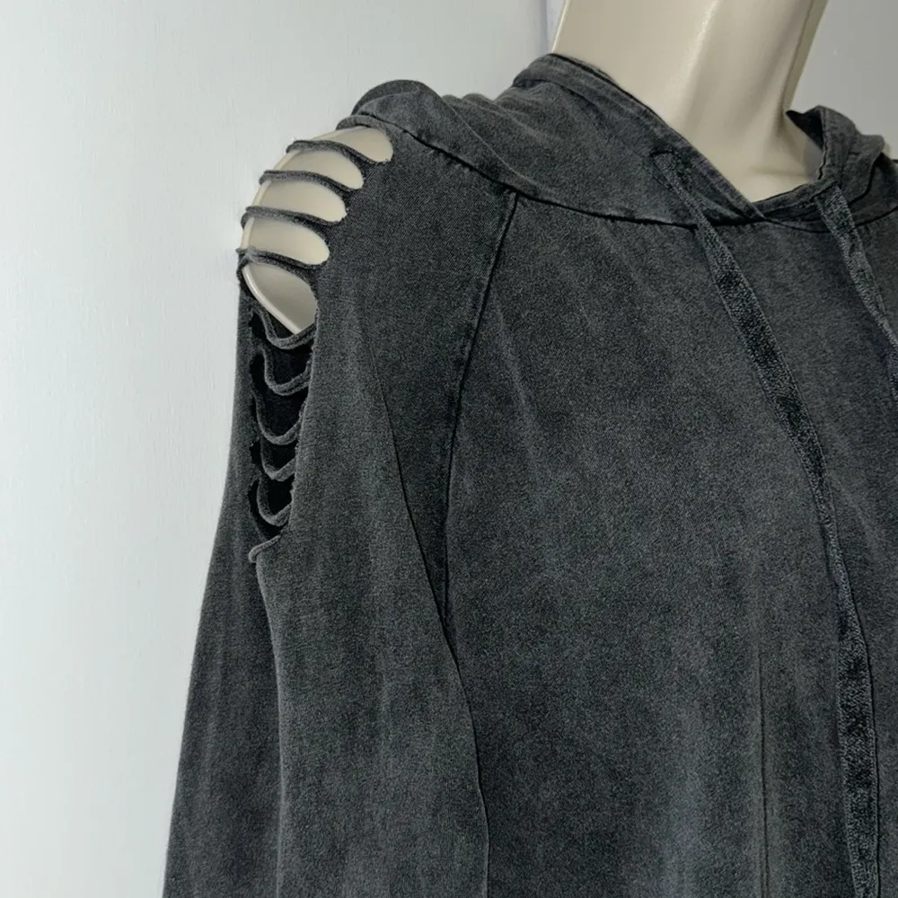 Don’t Ask Why Vintage Wash Cropped Hoodie W Cutout Sleeve Gray Women’s OS Size undefined - Image 3