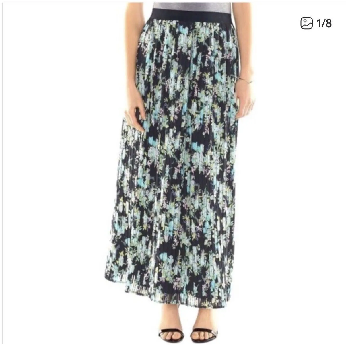 LC Lauren Conrad Skirt Womens XL Blue Floral Pleated Midi Pull On Boho Preppy - Image 3