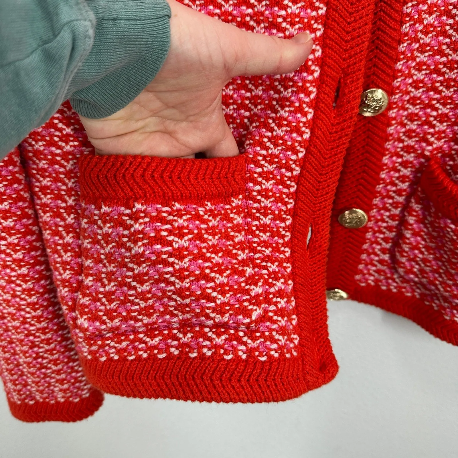 On 34th Women's Patterned Jacquard Cardigan XL 100% Cotton Preppy Knit Sweater Red Size M - Image 6