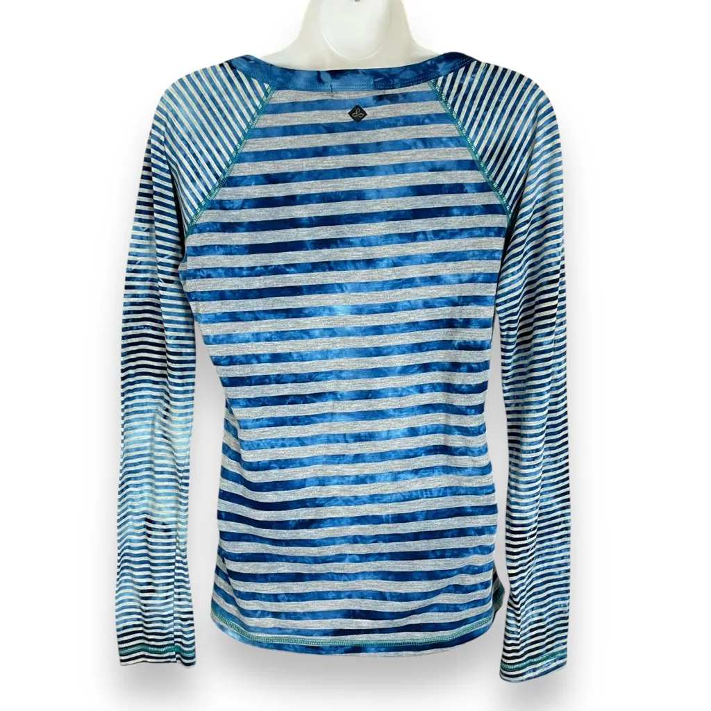 Prana Shirt Women T-Shirt‎ Striped Blue Gray Small Notched V-Neck Long Sleeve - Image 3
