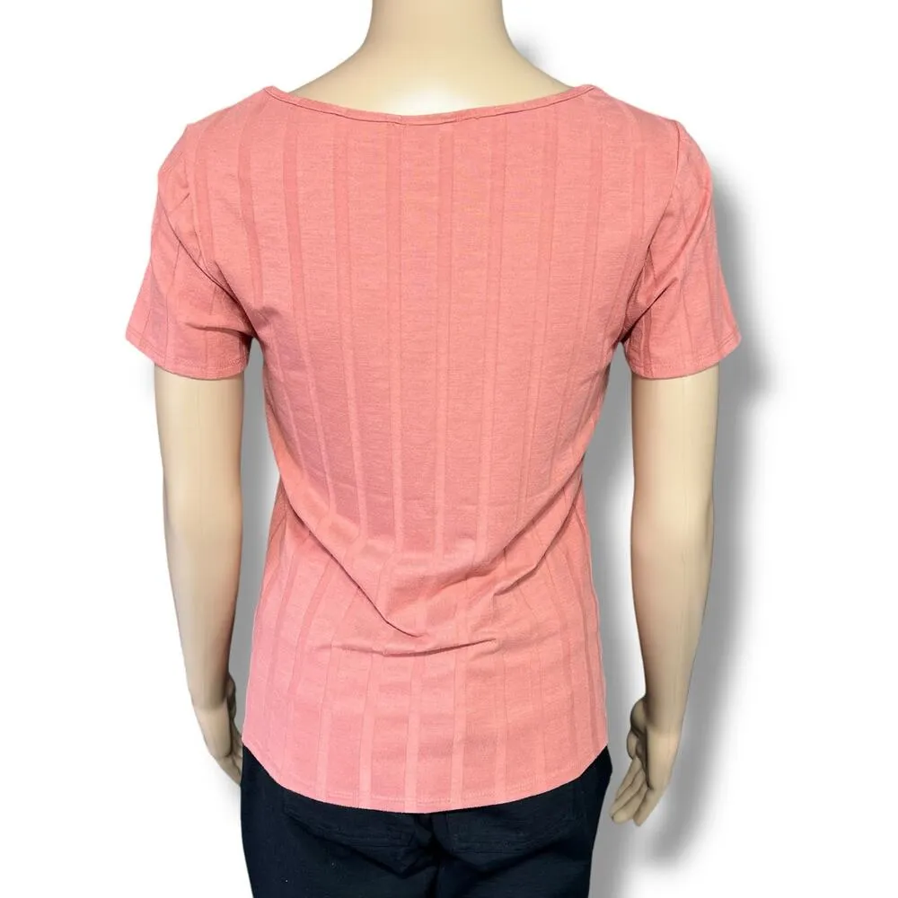 Red BKE Womens Blouse Shirt Top Square Neckline Ribbed Short Sleeve Pink Medium - Image 3