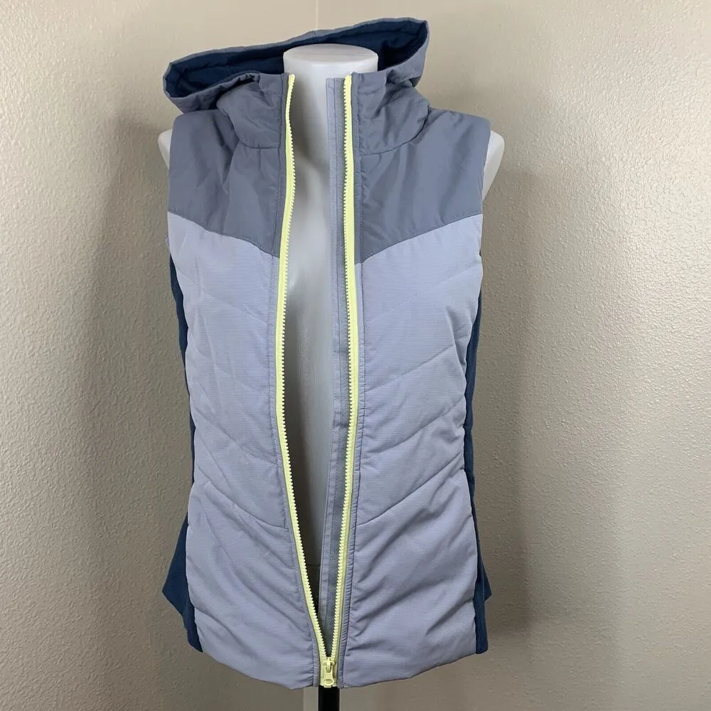Women’s Sz S Blue Puff Vest Full Yellow Zip Hooded - Image 3