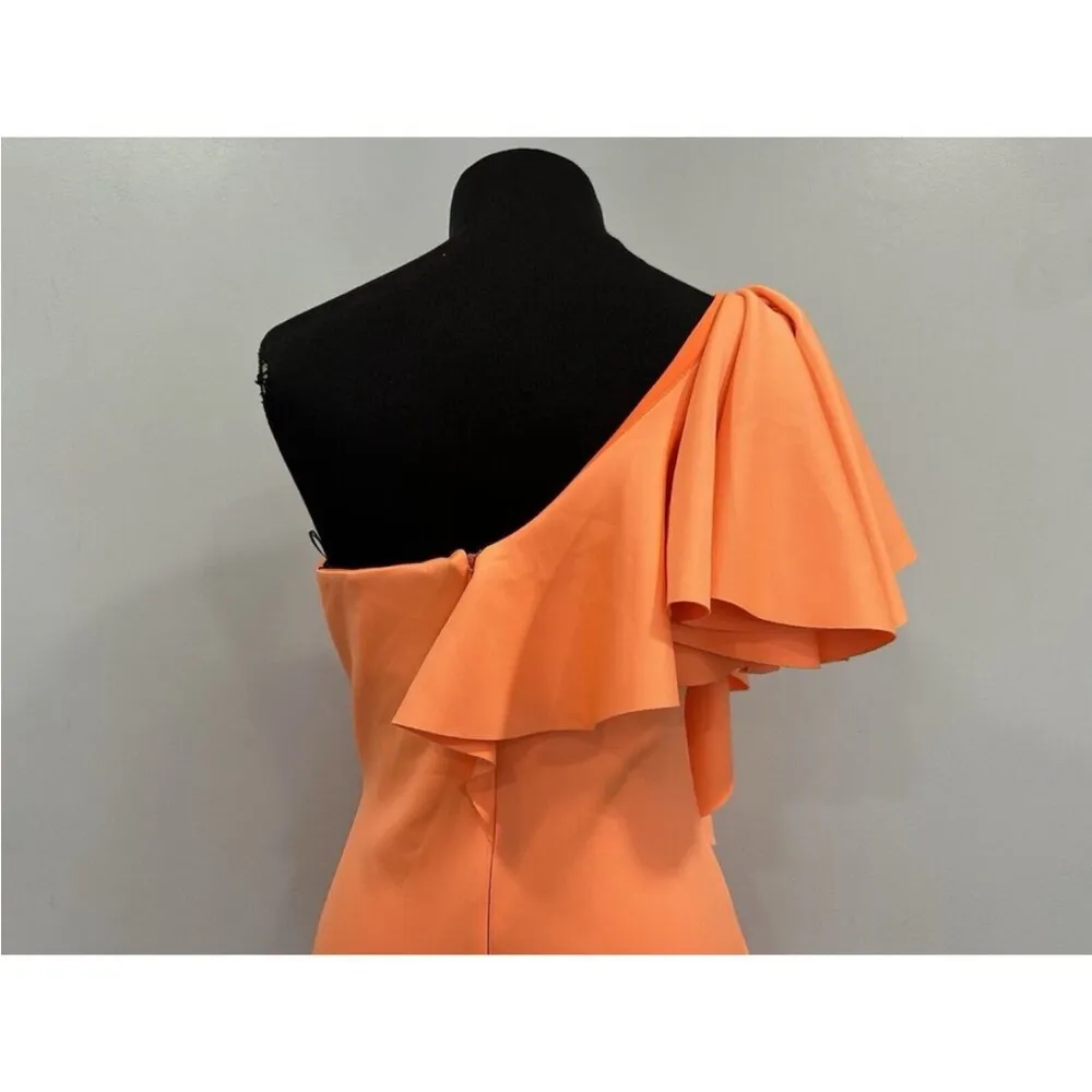 Black Halo Percy Ruffle One Shoulder Scuba Gown Neon Apricot Size 8 - Image 4