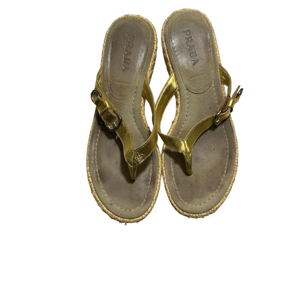 Prada Slides Thongs Wedge Platform Metallic  Gold Shoes Euro 36 Straw Raffia Sz6 - Image 8