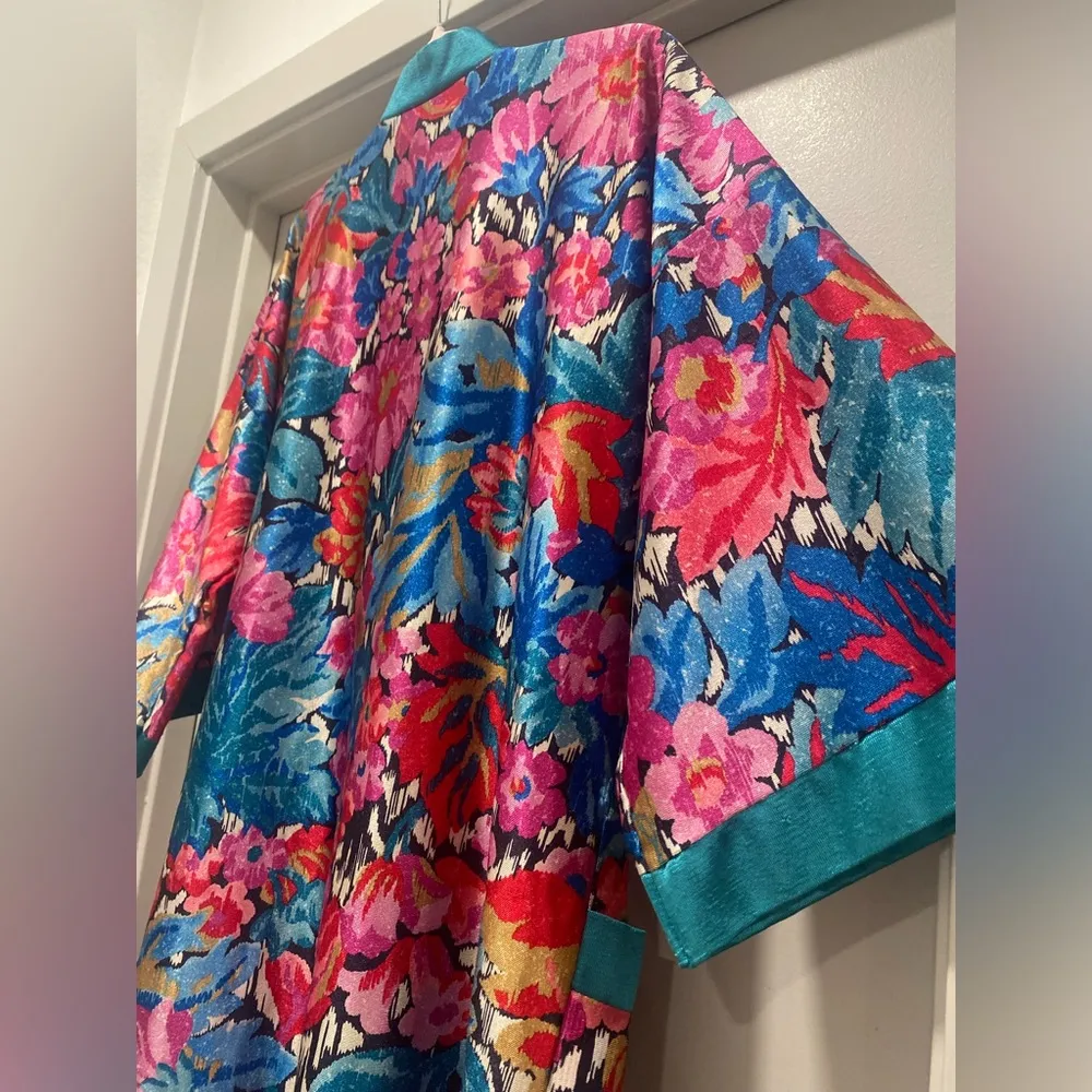 VTG 70s 80s Heather Collection Hot Pink & Teal Blue Florl Kimono Robe Bathrobe - Image 14