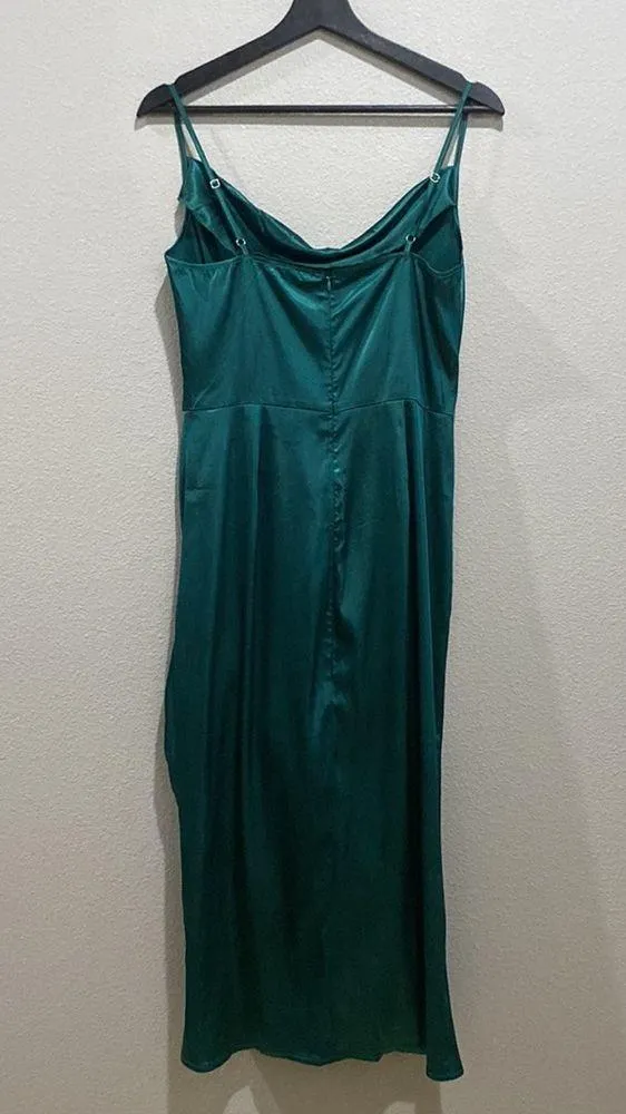 Zaberry Hunter Dark Green Satin Cowl Slouch Neck Leg Ruching Midi Dress Size M Blue Size M - Image 2