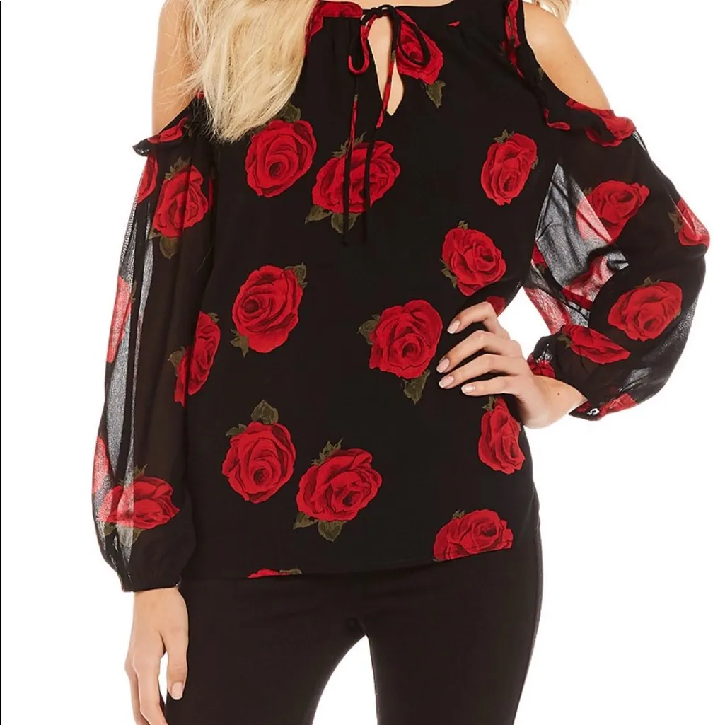 NWT Sanctuary X Anthropologie Blaire Blouse Rose Print In Paris Rose Black - Image 5