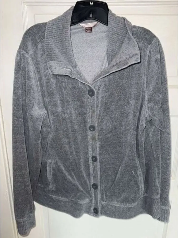 Cozy Grey Velour Button-Up Cardigan Sweater Jacket Casual White Stag Size XXL - Image 1