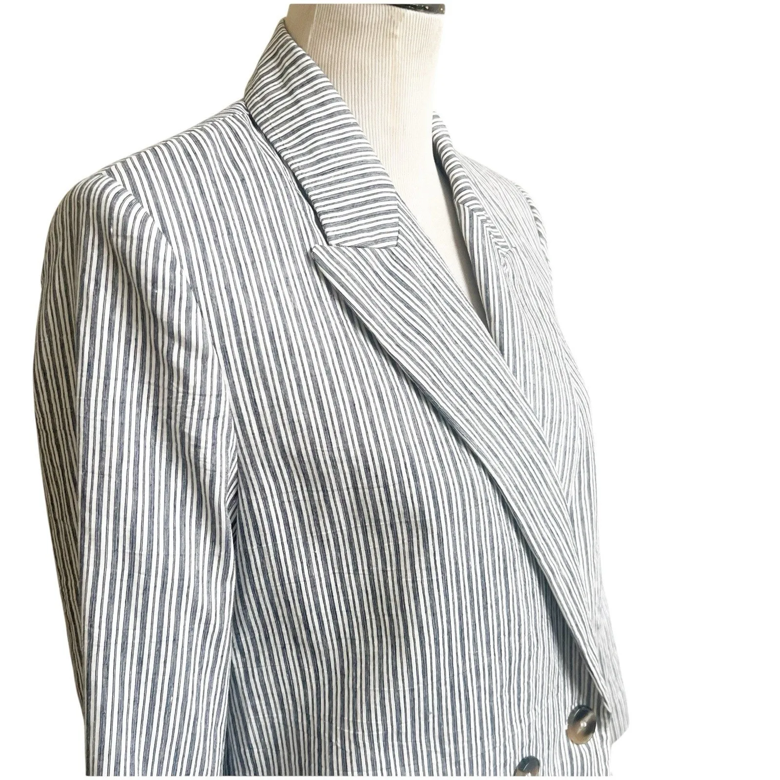 Zara Women’s Striped Linen Blend Boyfriend Blazer Size Medium Two Button Blue - Image 5