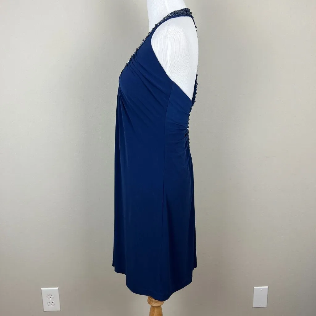 Alex Evenings Dress 4P Navy Blue Pleated Beaded Halter V-Neck Padded Bust Party - Image 12