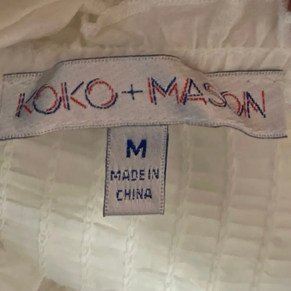 Koko + Mason White Smocked Eyelet Puff Sleeve Square Neck Peplum Blouse Top Sz M Size M - Image 4