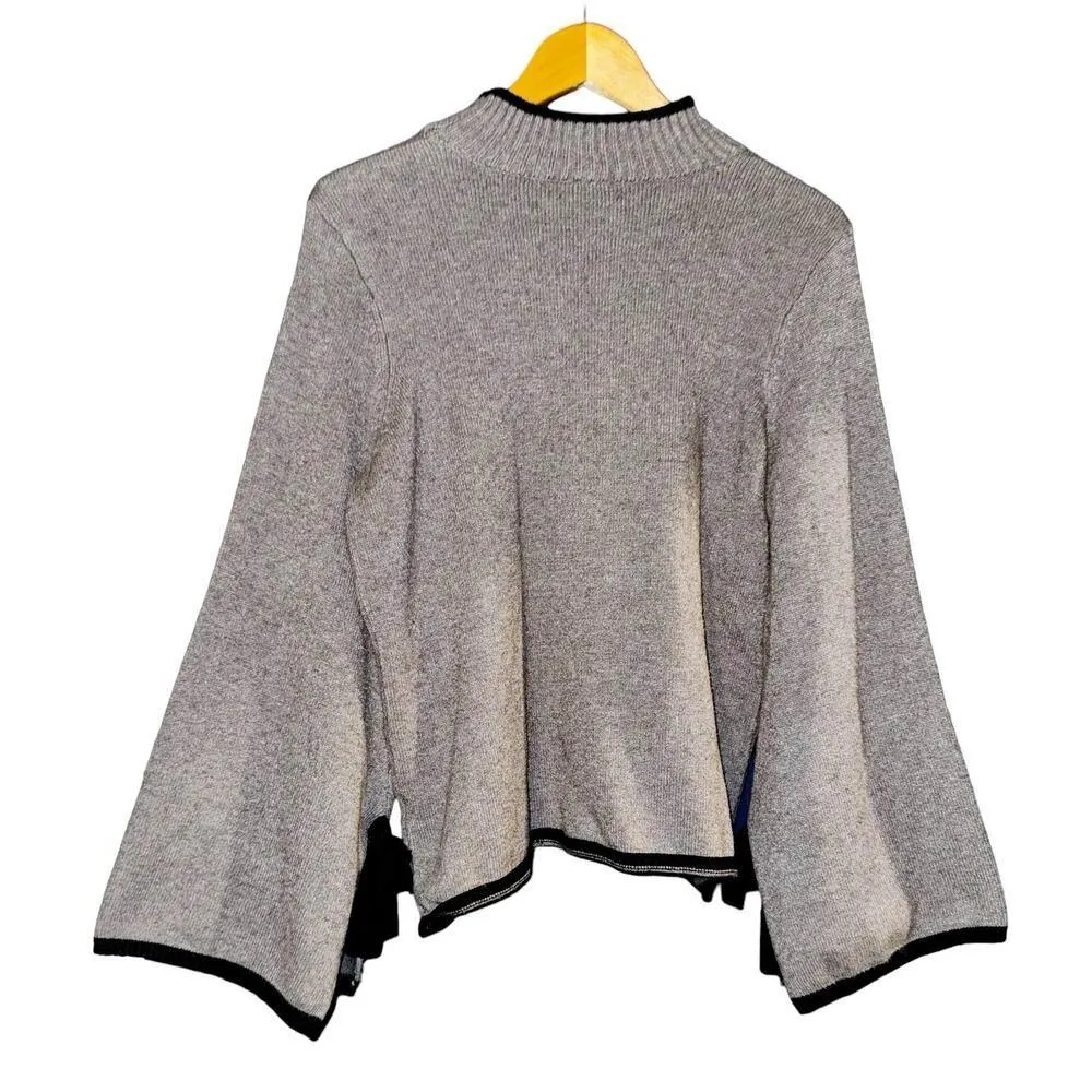 Allison Joy Gray Long Split Tie Bell Sleeve Sweater Women Sz Large Feminine Bow - Image 5