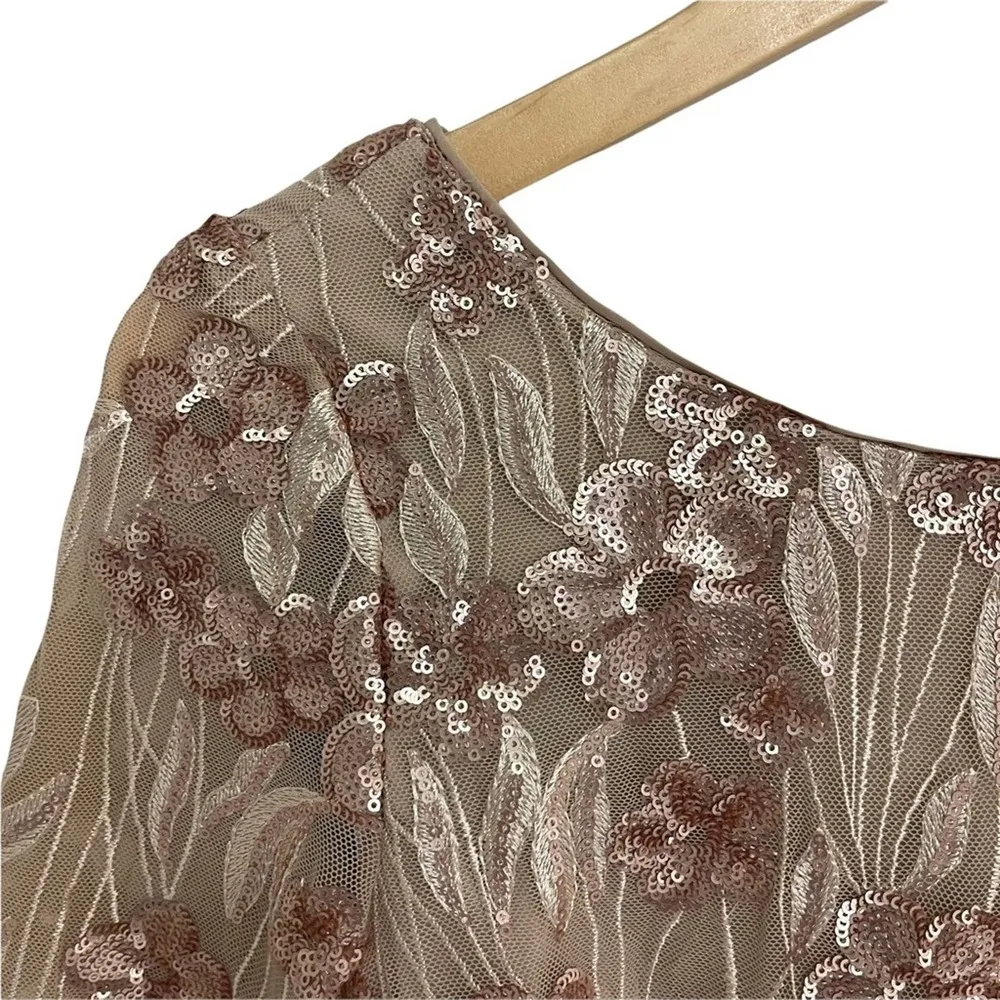 AIDAN AIDAN MATTOX Floral-Embroidered Sequin Dress Cocktail Champagne Size 4 - Image 9