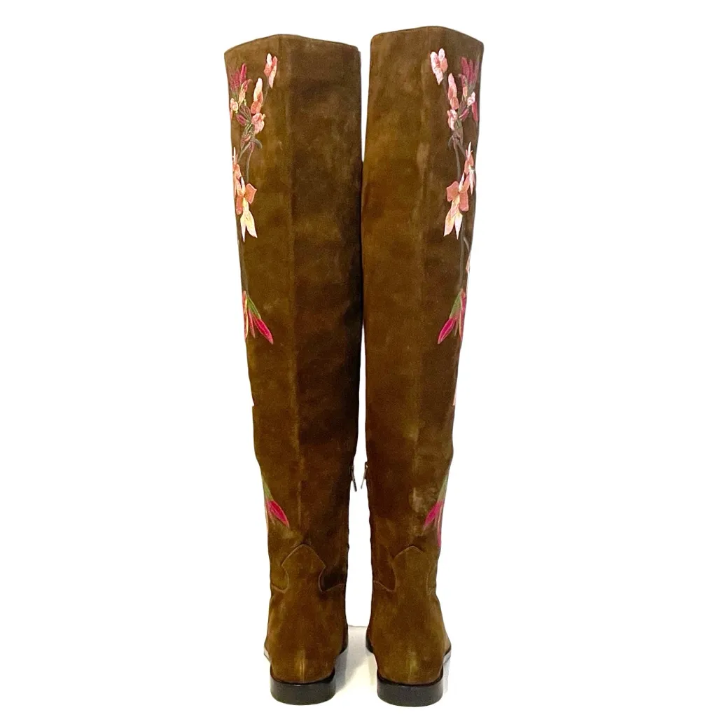 ASH Jess Russet Suede Over the Knee Boots Floral Embroidery Flat Riding EU 40 - Image 6