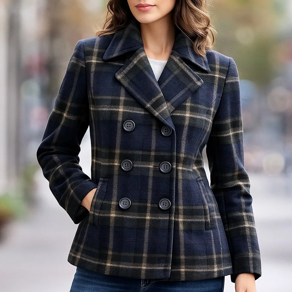 Chadwick’s Wool Peacoat Size 10 Navy Plaid Double Breasted Jacket Winter Vintage - Image 10