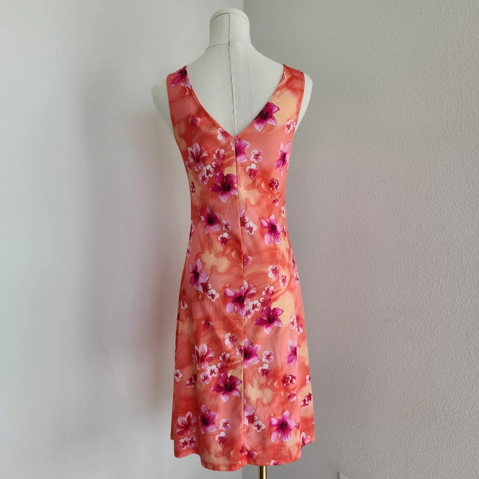 Y2K Orange Pink Floral Ring Front Sleeveless Mini Dress Vintage Tropical XS - Image 5