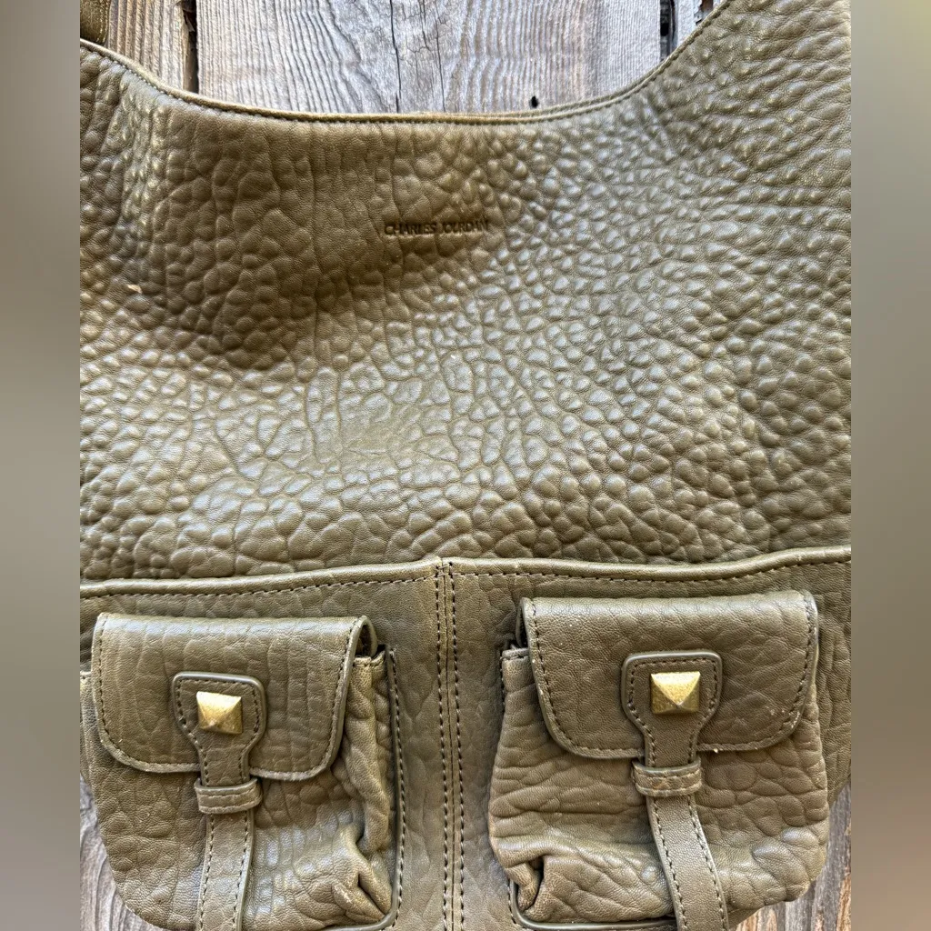 Charles Jourdan Khaki Green Pebbled Leather Studded Large Shoulder Bag - Image 2