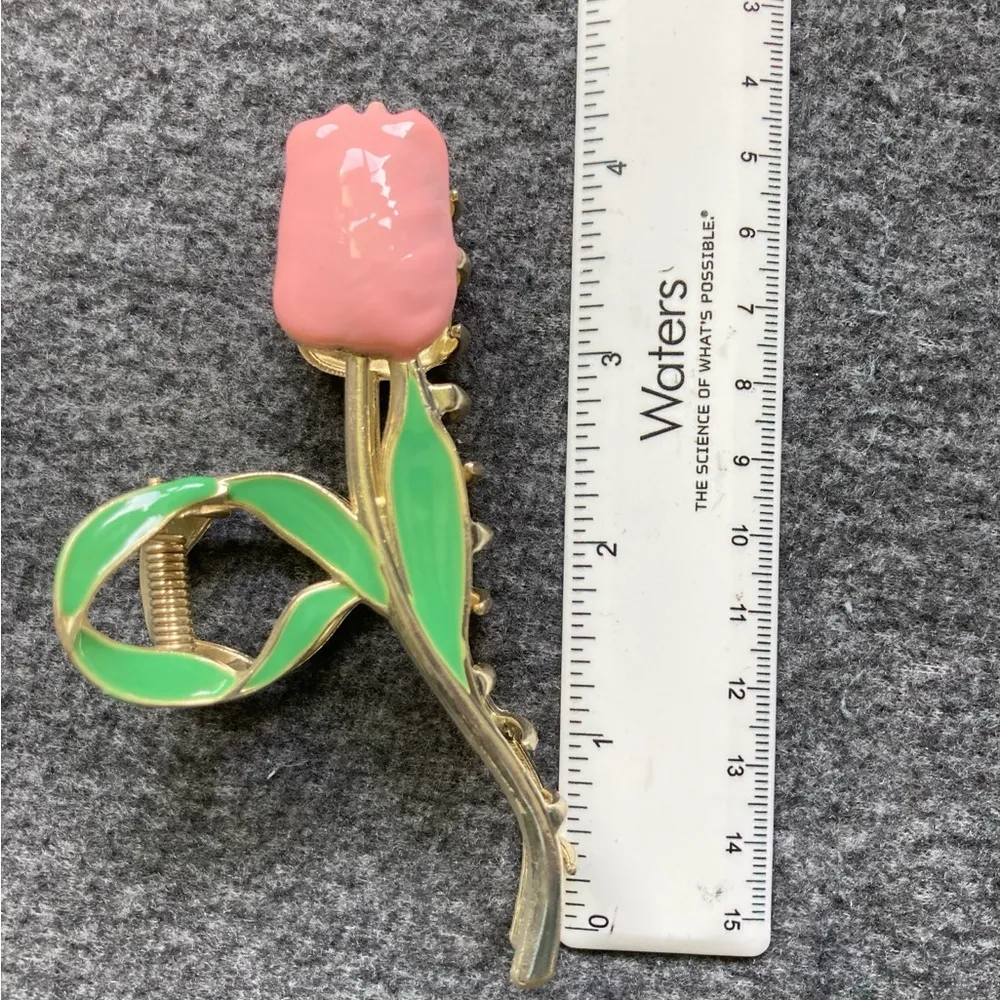 Tulip Hair Clip Pink Flower Claw with Green Leaves Boho Nature - Image 4