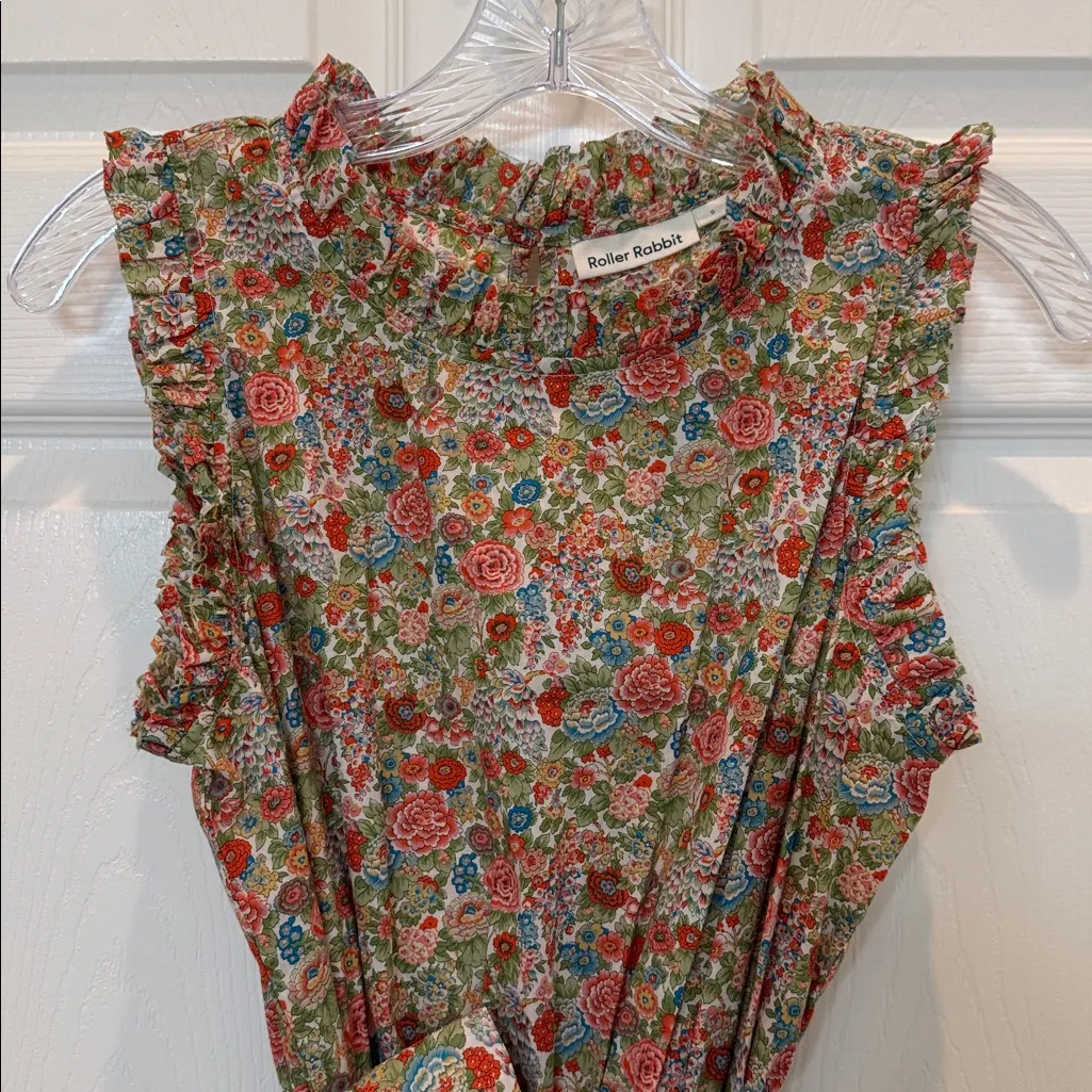 Roller Rabbit Floral Belted Ruffle Tiered Cotton Mini Dress Size Small - Image 4