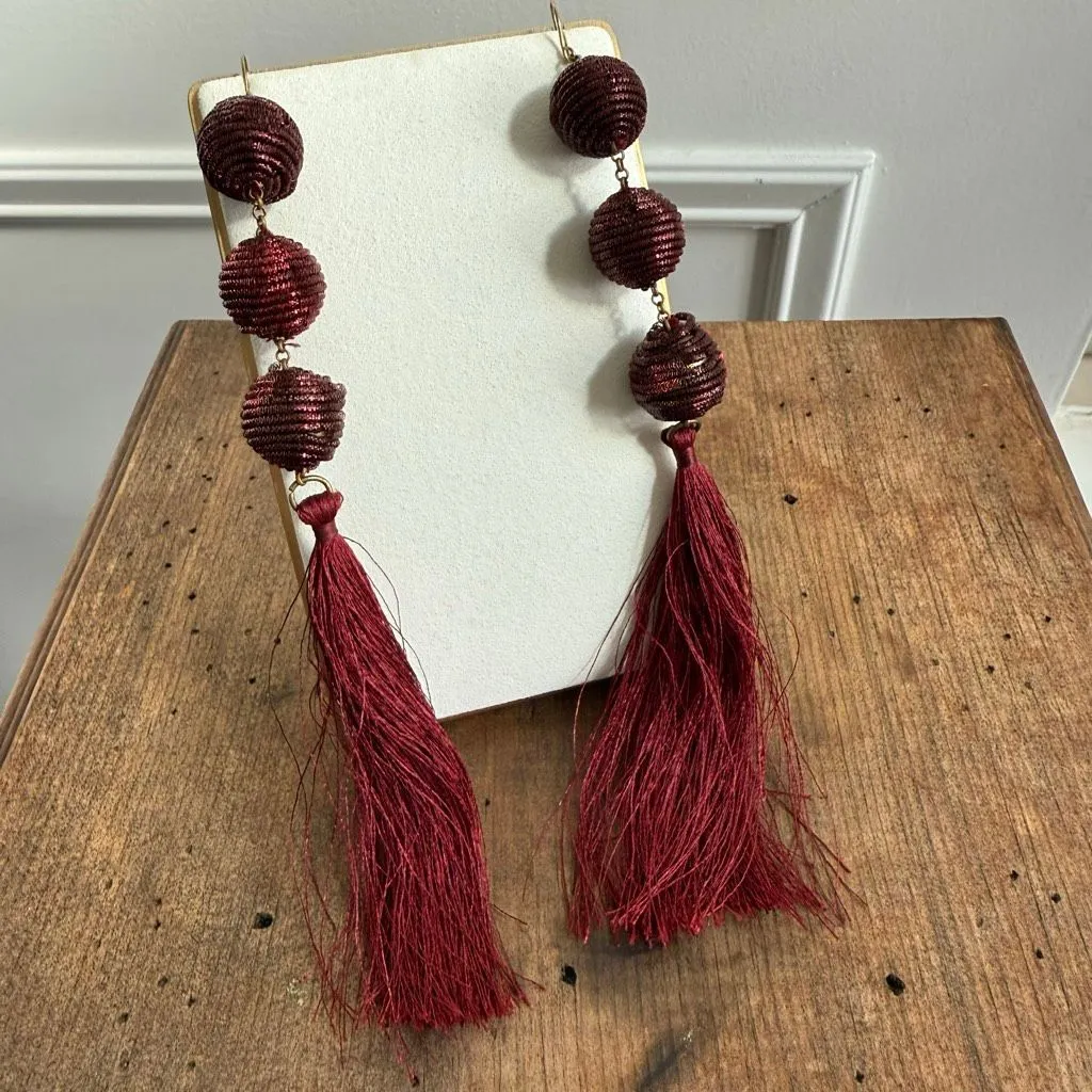Statement Burgundy Beaded Tassel Earrings Wine Red 7” - Image 2